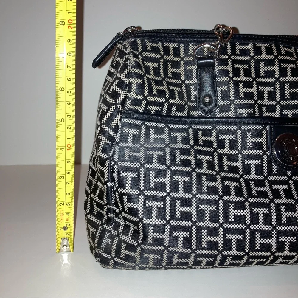 Tommy Hilfiger Black White Satchel Handbag Bowler TH Logo Monogram Fall Purse